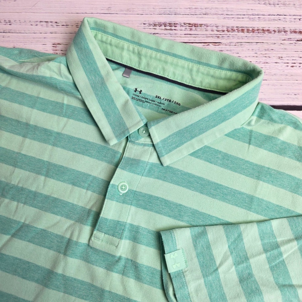Under Armour UA Charged‎ Cotton Scramble Stripe Polo Mint Green Mens 2XL 1323455
